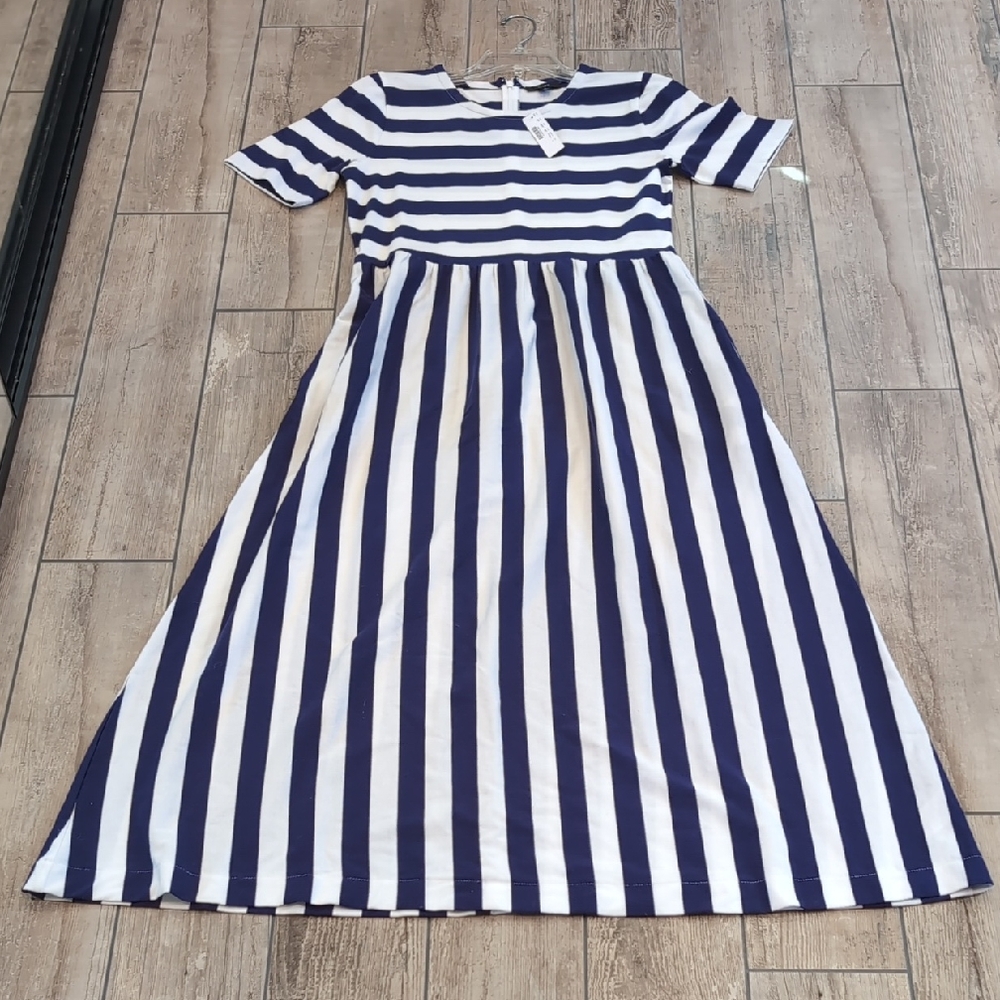 NEW J. Crew Women's Blue and White Rugby Striped Maxi Dress with Pockets